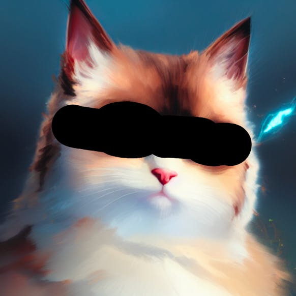 An AI-rendered illustration of a cat with masked eyes