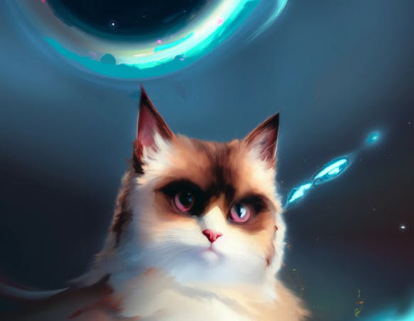 An AI-rendered illustration of a cat resembling a painting with space background