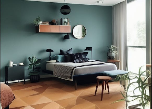 Interior with a book shelf, bed and side tables in a Scandinavian style against a wall