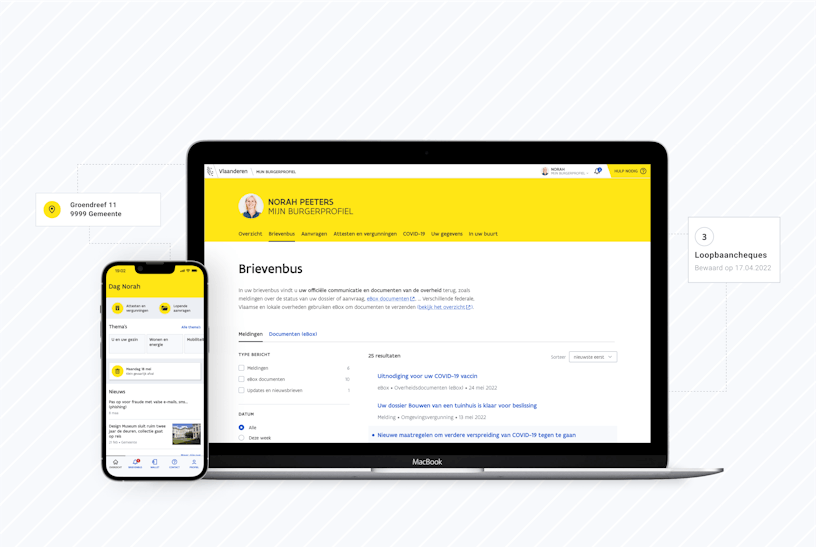 A smartphone and laptop showing screens of the application Mijn Burgerprofiel