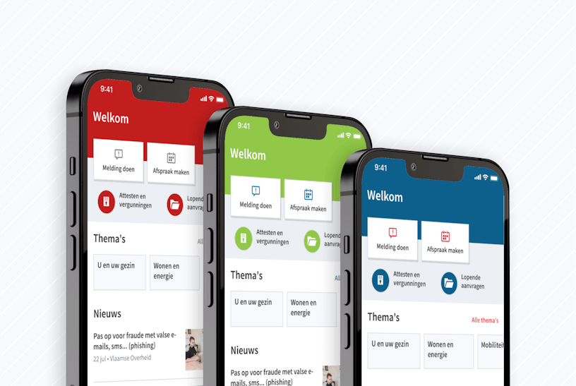 Three smartphones showing three versions of the local Mijn Burgerprofiel application