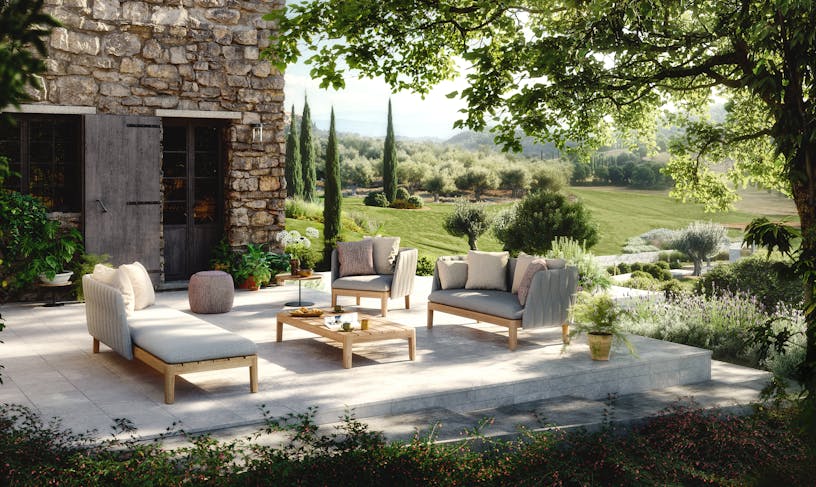 3D visual of Royal Botania furniture in an outdoor, luxurious setting.