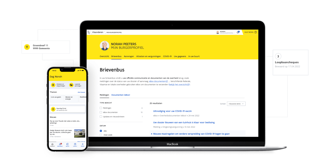 A smartphone and laptop showing screens of the application Mijn Burgerprofiel