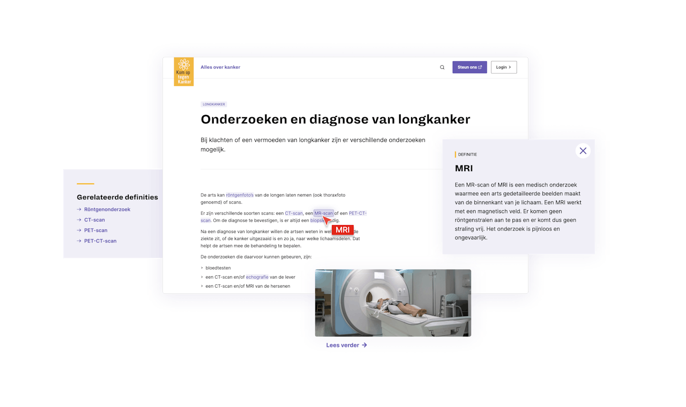 Website screens showing how we integrated the definitions of technical jargon on the web pages itself. This way we avoid for people to navigate to another page to look up the definition of medical terms.