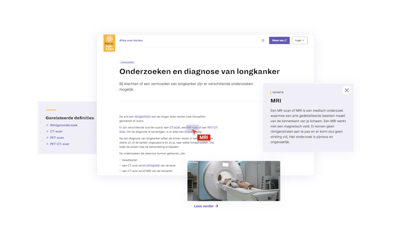 Website screens showing how we integrated the definitions of technical jargon on the web pages itself. This way we avoid for people to navigate to another page to look up the definition of medical terms.