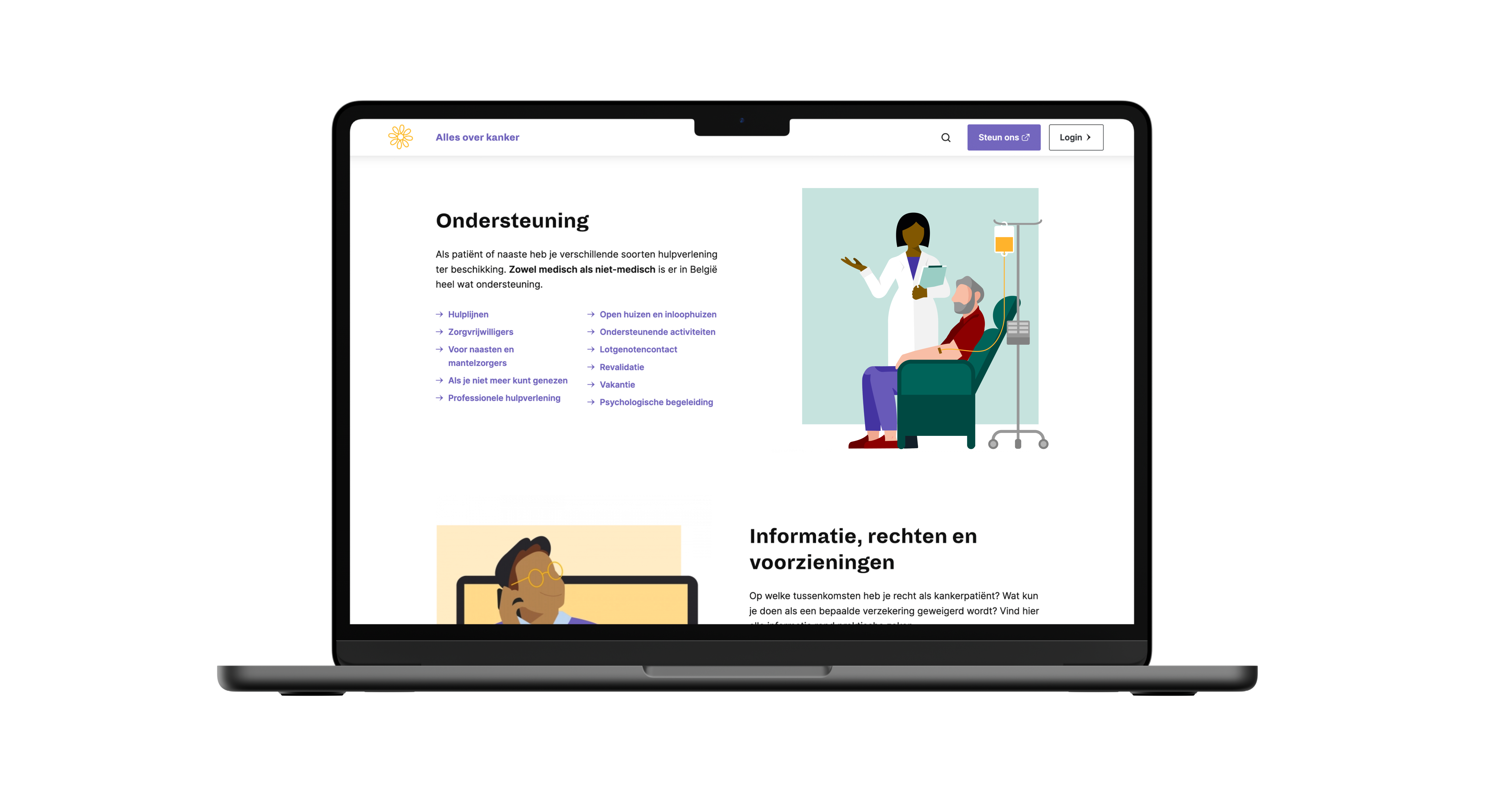 Website screen of allesoverkanker.be showing information about finding support, rights, infrastructure and so on.