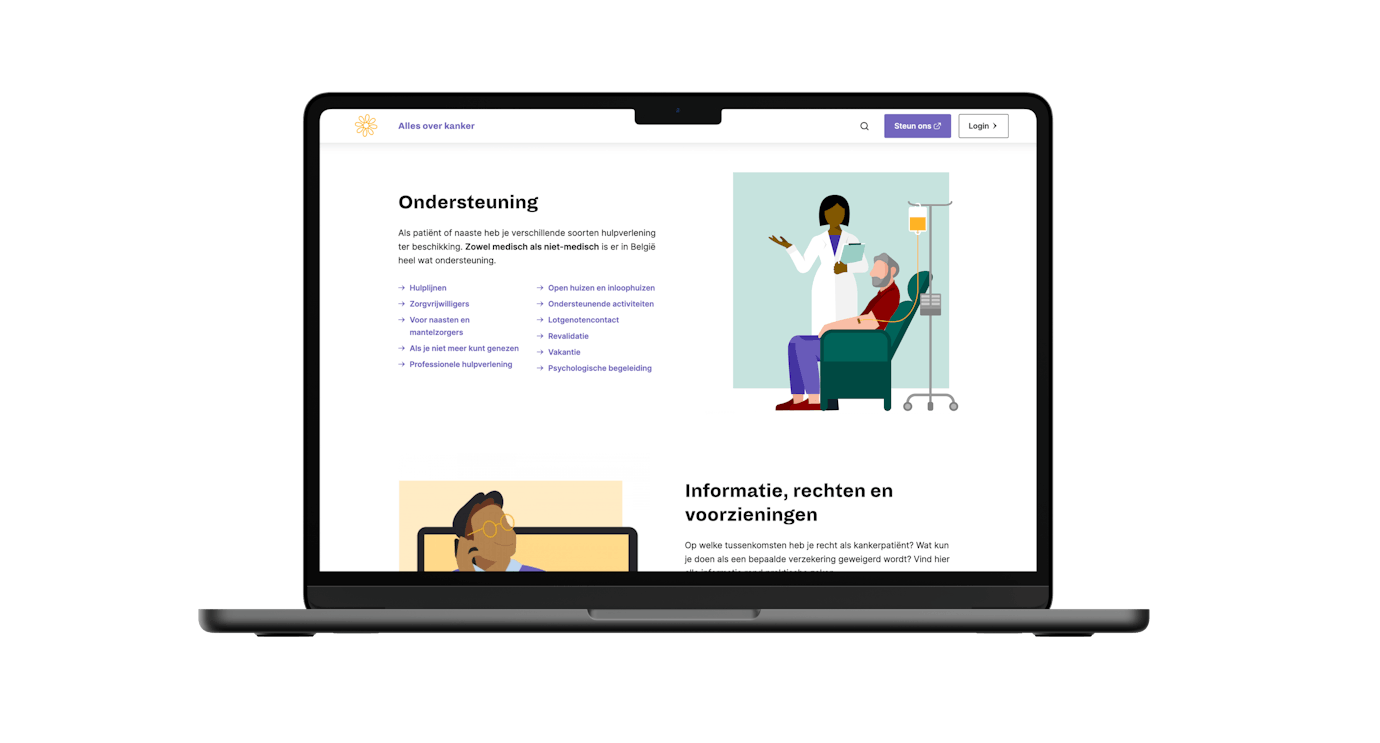 Website screen of allesoverkanker.be showing information about finding support, rights, infrastructure and so on.