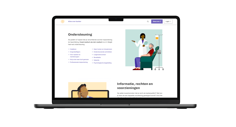 Website scherm van allesoverkanker.be met informatie over het vinden van ondersteuning, rechten, infrastructuur enzovoort.