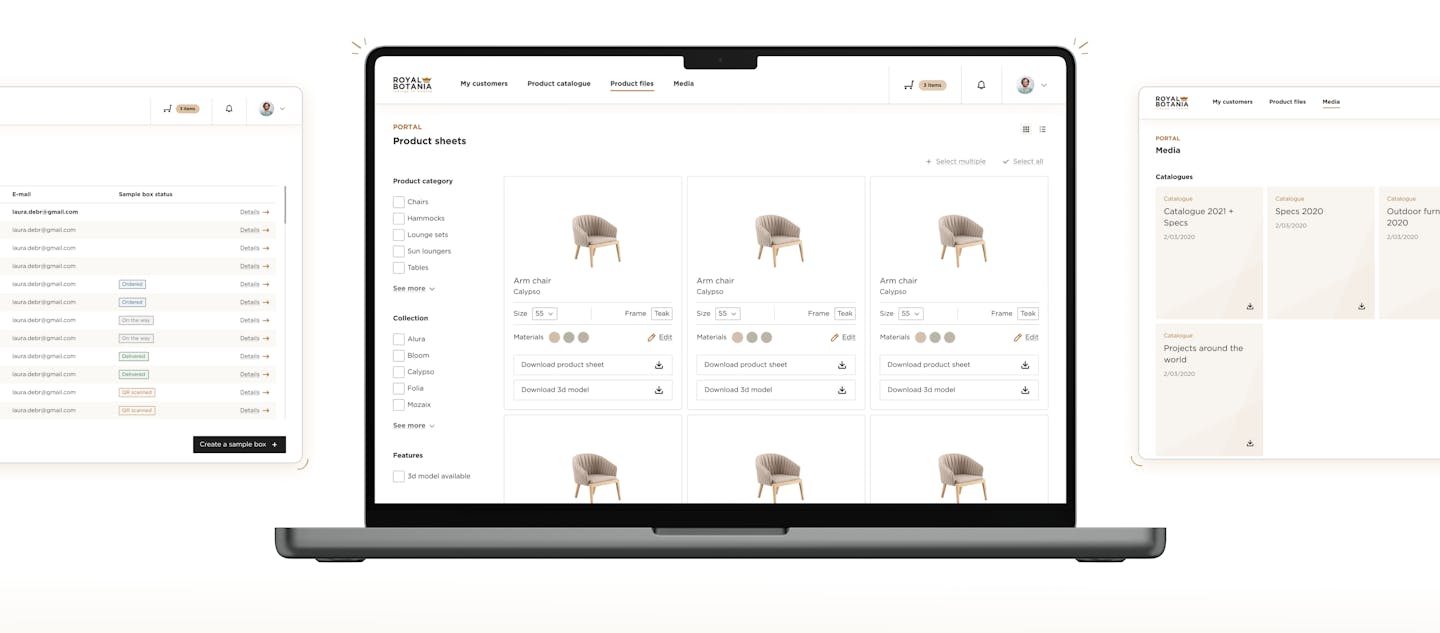 Desktop screens dealer portal Royal Botania