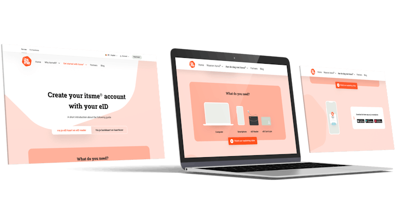 Laptop screens of itsme's marketing website explaining how to create an itsme account