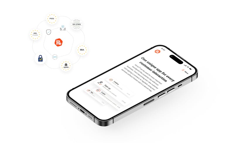 Iphone screen showing the itsme website interface and logos of European web security standards