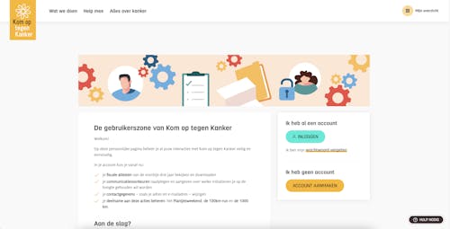 The interface of the Gebruikerszone, the personal account platform of Kom op tegen Kanker, showing its available features such modifying personal information or downloading tax certificates