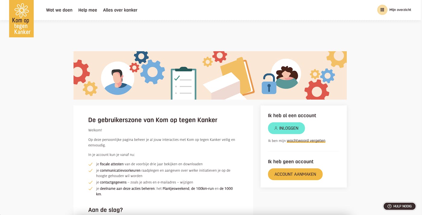 The interface of the Gebruikerszone, the personal account platform of Kom op tegen Kanker, showing its available features such modifying personal information or downloading tax certificates