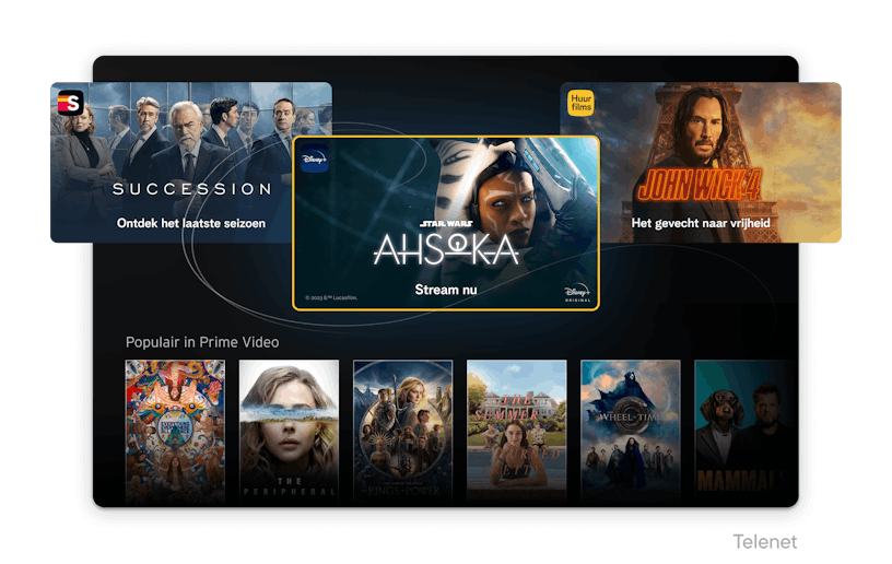 Streaming section of Telenet TV showing all movies and series that are available on Telenet TV's streaming platforms such as: Disney+, Streamz, Primevideo