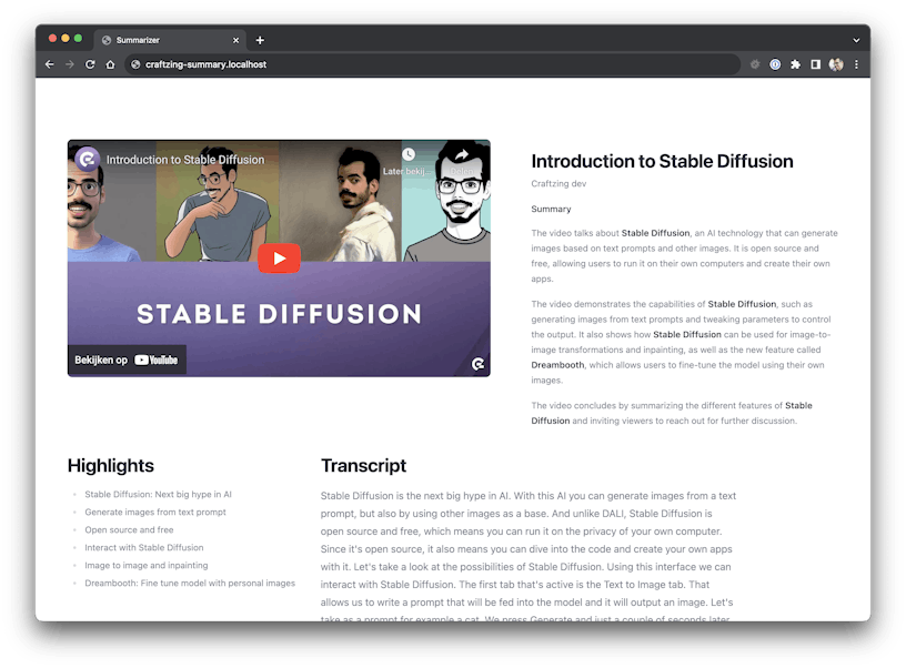 Screenshot of YouTube video about Stable Diffusion accompanied by a summary, bulleted highlights and a transcript.