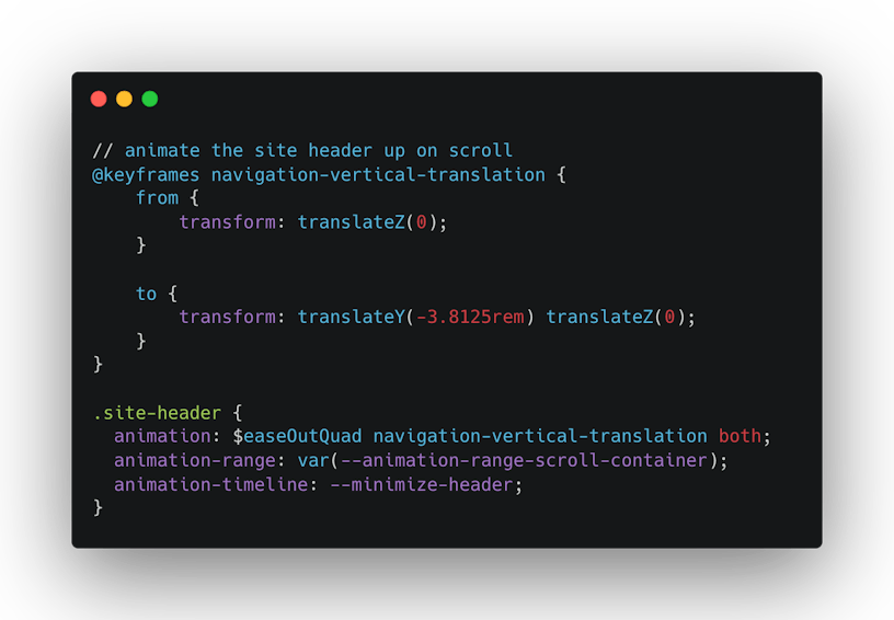 Screenshot of a code snippet of to set the scroll animations in CSS with keyframes.