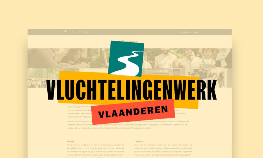 Visual of the We Welcome platform we created for Vluchtelingenwerk Vlaanderen showing the interface of the platform with a transparent yellow lay-over and the logo of Vluchtelingenwerk Vlaanderen