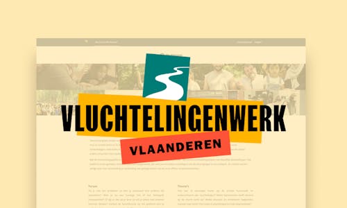 Visual of the We Welcome platform we created for Vluchtelingenwerk Vlaanderen showing the interface of the platform with a transparent yellow lay-over and the logo of Vluchtelingenwerk Vlaanderen