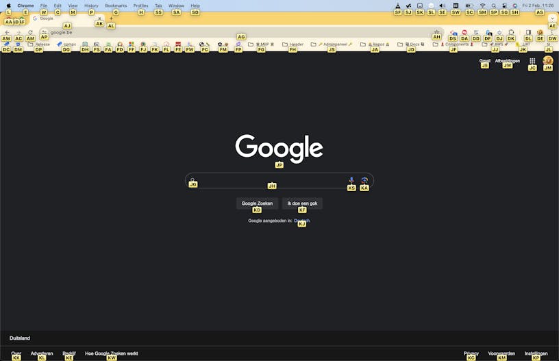 Screenshot of the Google search page showing all clickable things on the page and their quick keyboard shortcut