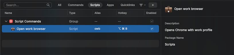 Screenshot of setting up a script in Raycast for 'Open work browser'