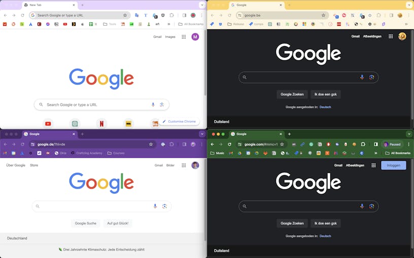 Example of 4 different Chrome windows, each with their own context (note they have different logins, plugins, bookmarks, color schemes, etc.).