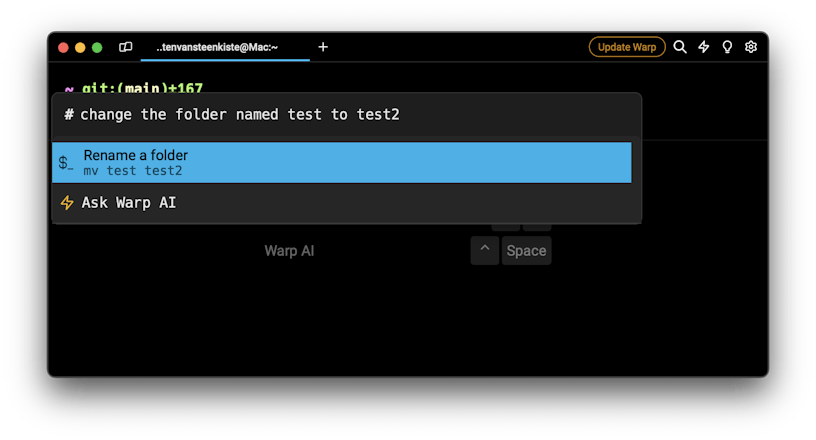 Screenshot of how you can change the folder name with the help of Warp Ai.
