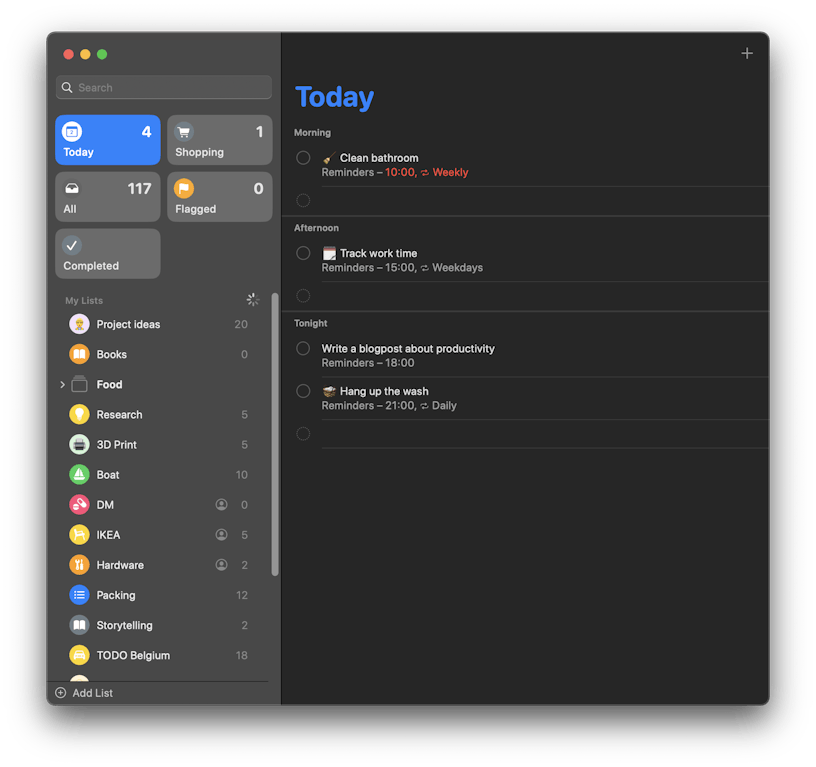 Screenshot of to do's in Apple Reminders on MacOS.