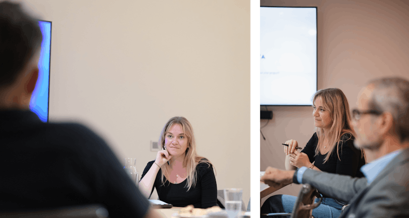 Two close-up shots from our service designer Charlotte Dieltjens sitting in a meeting room during a workshop together with some other people who are not visible.