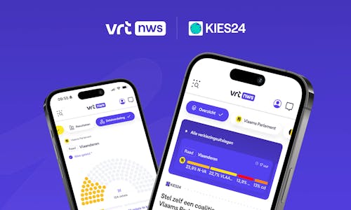 Mock-up of two Iphone screens showing the KIES24 navigation and environment we created for VRT NWS