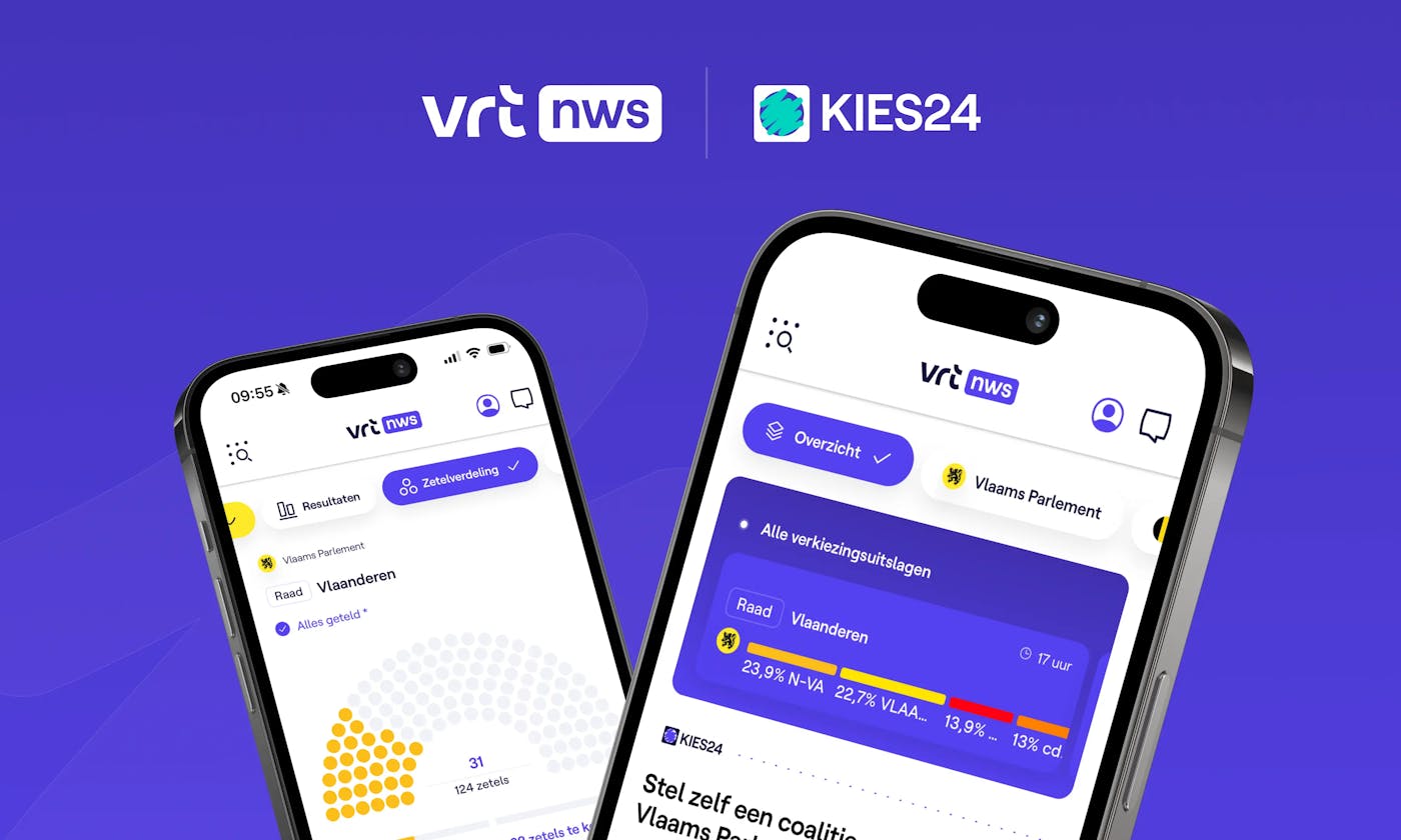 Mock-up of two Iphone screens showing the KIES24 navigation and environment we created for VRT NWS
