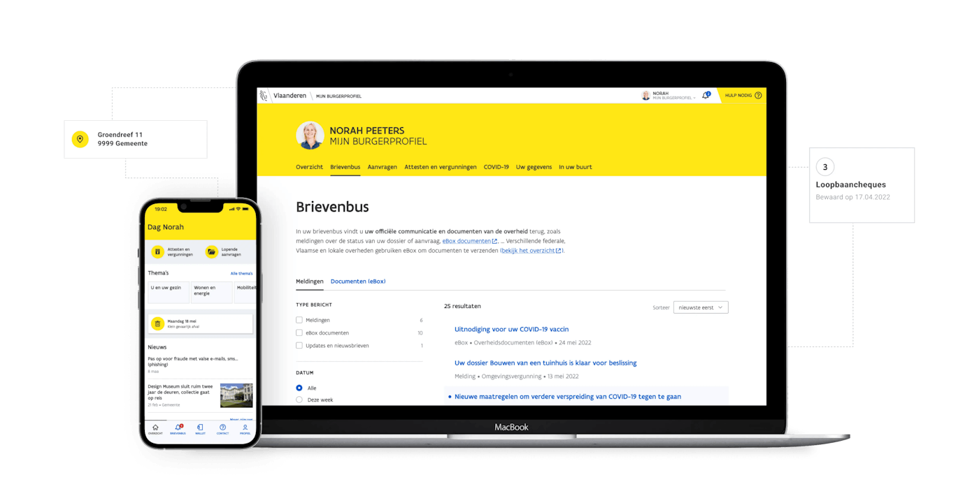 A smartphone and laptop showing screens of the application Mijn Burgerprofiel