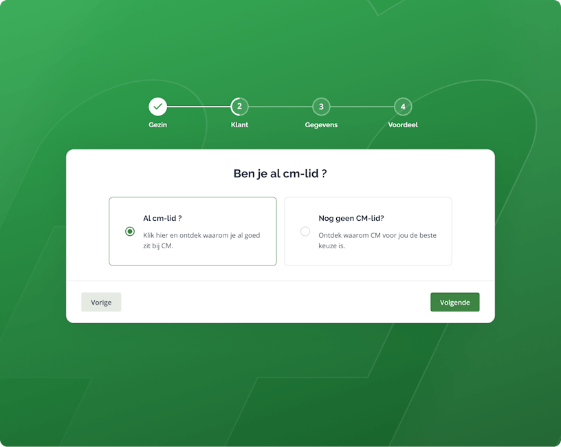 First screen of the Mijn CM Voordeel-tool where a user fills out whether he is an existing or new member.
