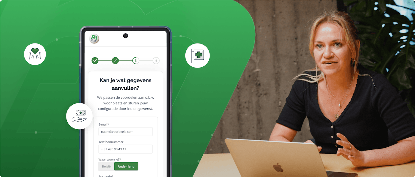 Mock-up of the 2nd step in the Mijn CM Voordeel tool on a mobile screen with a picture of our service designer and ux researcher Charlotte Dieltjens.