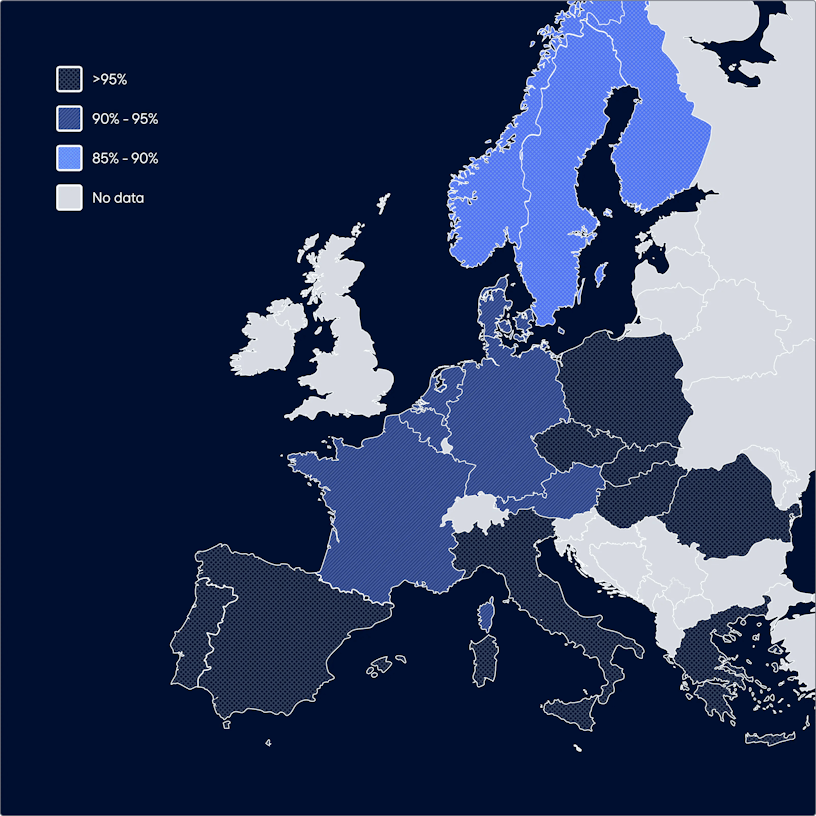 Map of Europe presenting how European countries score on accessibility. The dark blue countries on the map (Southern & Eastern Europe) score worst, the light blue (Scandinavian countries) score best.