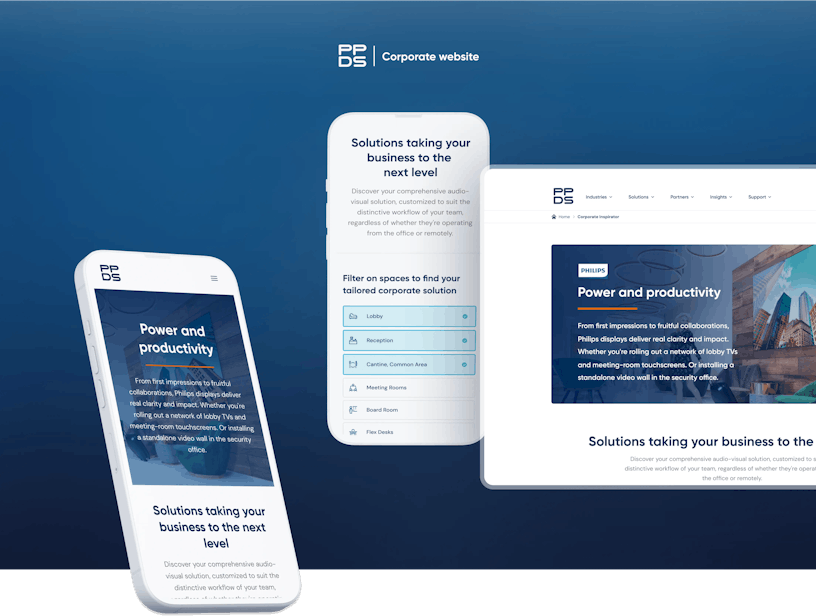 PPDS corporate website mock-ups: one mobile phone mock-up on the left, one in the middle and a laptop screen mock-up on the right side. th
