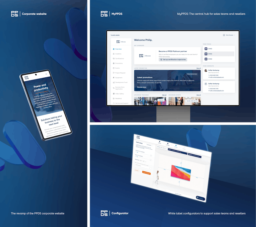 Overview of 3 PPDS projects: corporate website mock-up on a mobile phone on the left. On the upper right a MyPPDS mock-up on a large screen and underneath, a mock-up of the configurator.