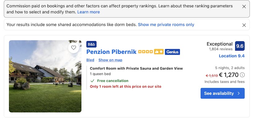 Screenshot of a page on booking.com. Since the Digital Markets Act has gone into effect, gatekeepers such as Booking are obliged to provide   The DMA, among other things, requires gatekeepers to provide more insight into the algorithms and processes they use to rank content, process user data, and make other important decisions that affect user interactions. You see this information popping up on the booking website.