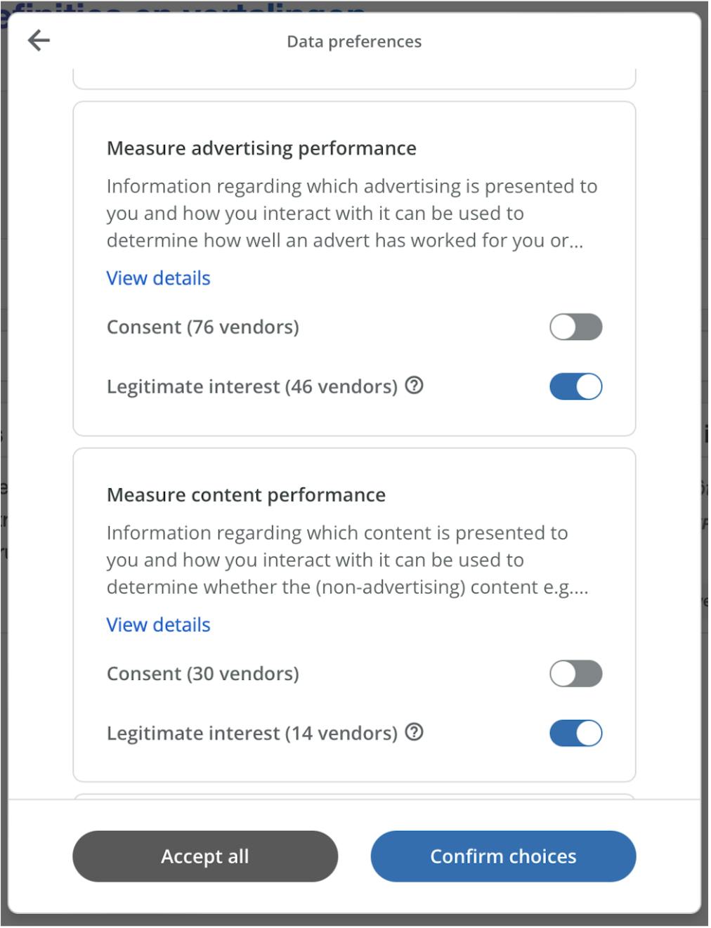 Screenshot of a cookie banner that has enabled legitimate interest