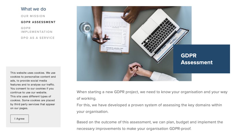Screenshot of a website of a GDPR consultant showing a cookie wall