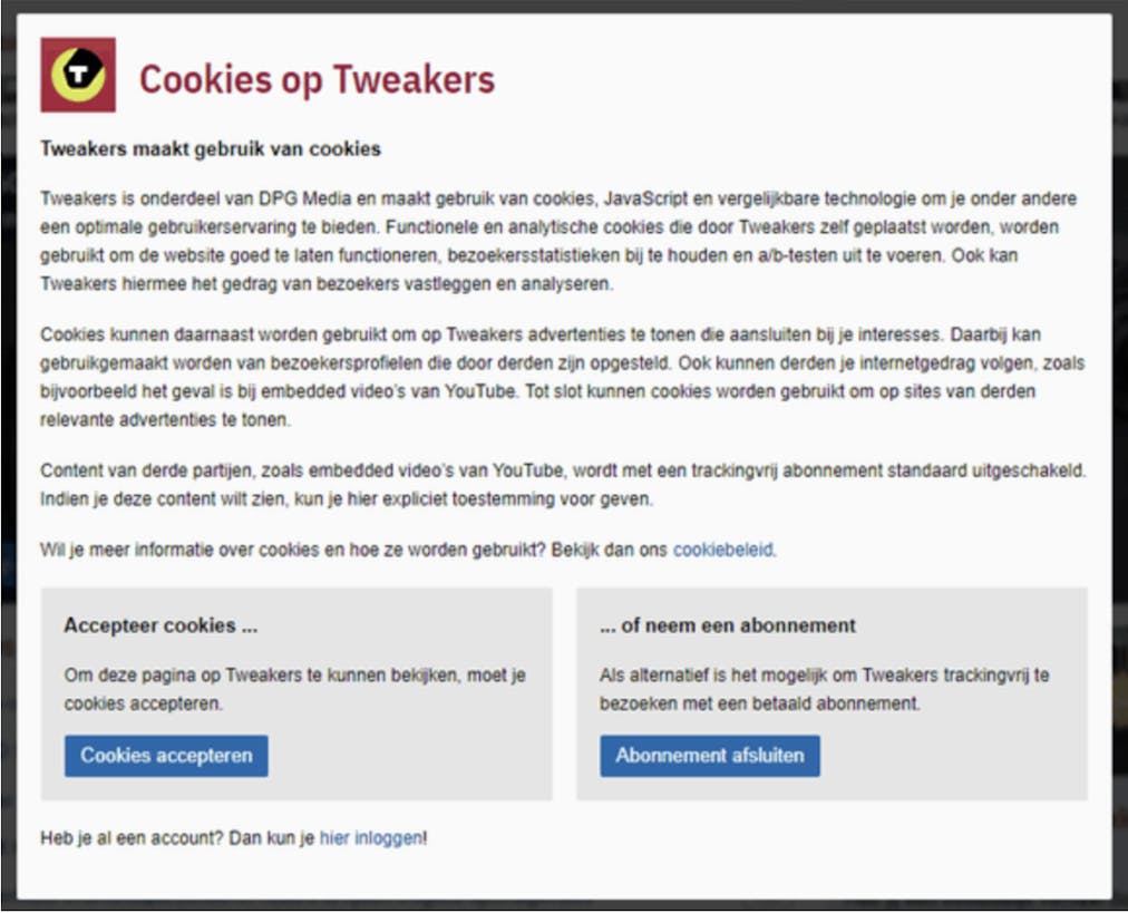 Screenshot of cookie banner on tech site Tweakers who used the pay-or-okay model for a while.