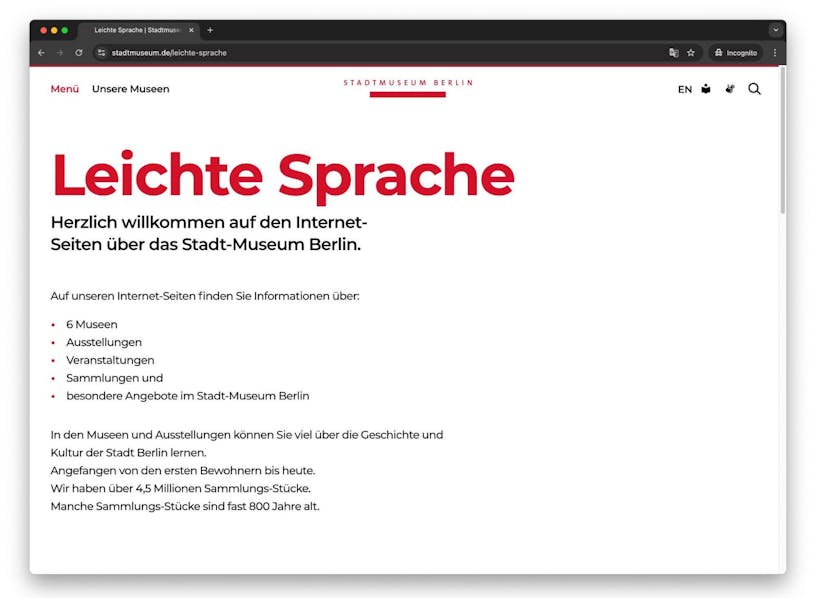 Screenshot of easy language version of the city museums Berlin website. It describes what information you can find on the site such as locations, collections and events."