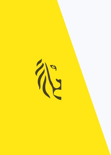 Minimalist lion head logo in black with a flowing mane, set against a diagonal yellow and white background.