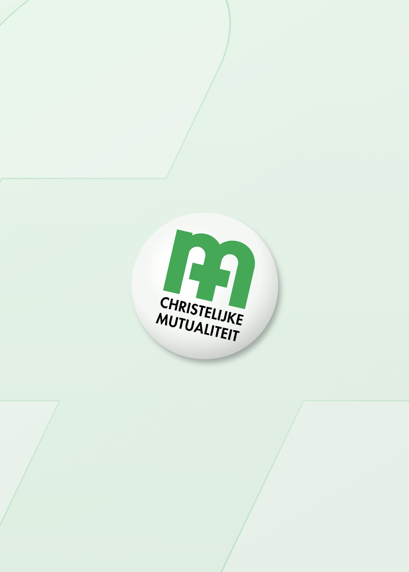 Circular logo with bold green letters 'CM' above the text 'CHRISTELIJKE MUTUALITEIT' on a white button set against a light mint-green background.