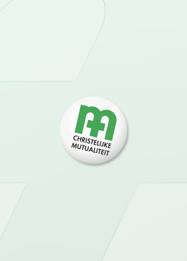 Circular logo with bold green letters 'CM' above the text 'CHRISTELIJKE MUTUALITEIT' on a white button set against a light mint-green background.