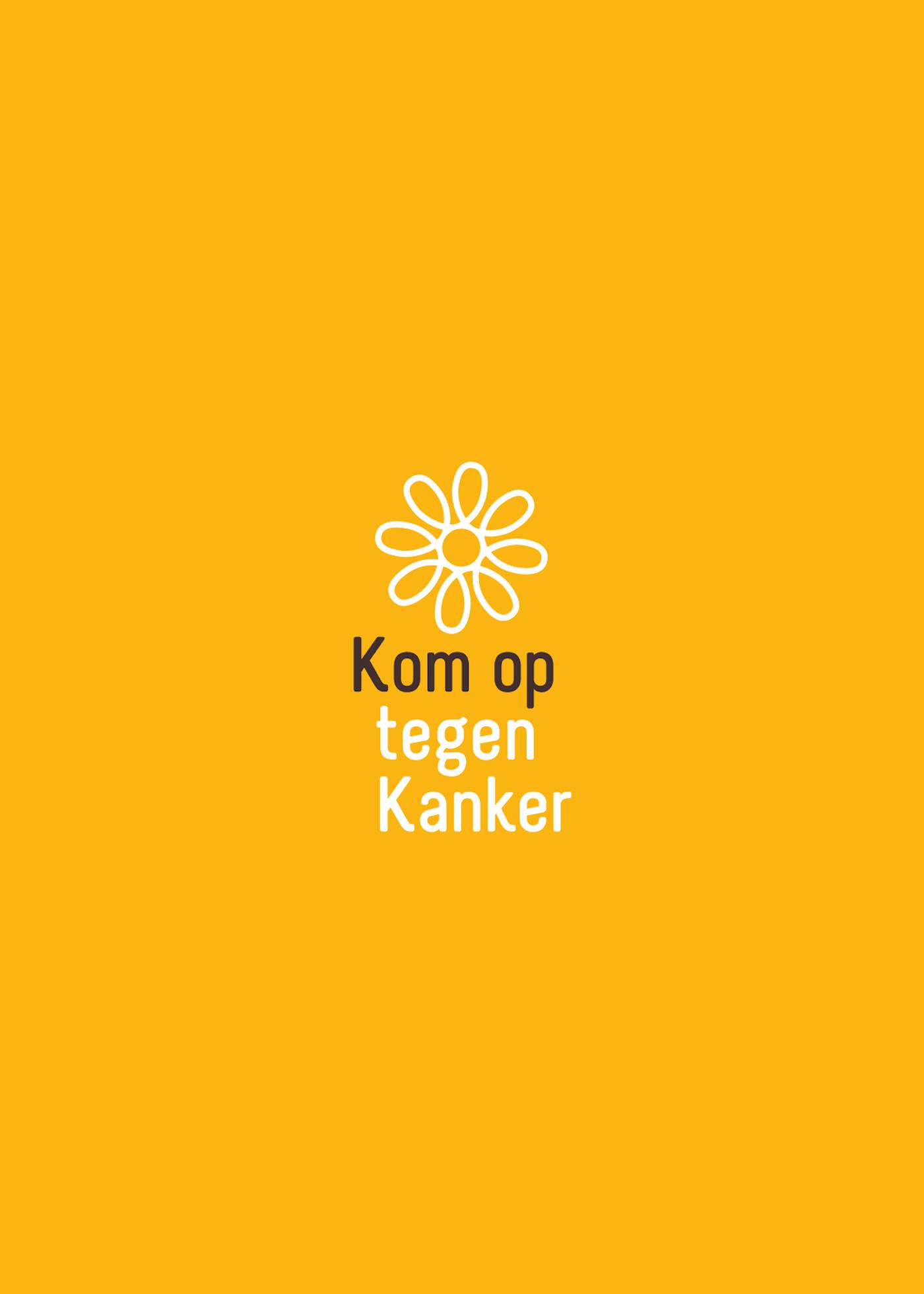 Kom op tegen Kanker logo: a minimalist flower in negative with underneath the text 'Kom op tegen Kanker' on a yellow/orange rectangular background.