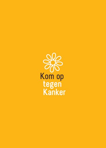 Kom op tegen Kanker logo: a minimalist flower in negative with underneath the text 'Kom op tegen Kanker' on a yellow/orange rectangular background.
