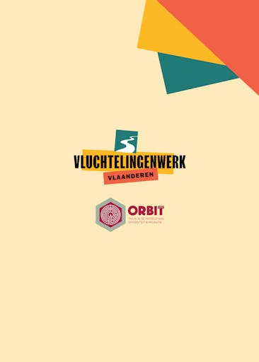 Logo featuring the text 'VLUCHTELINGENWERK VLAANDEREN' with a stylized white road on a green square above the text, accompanied by the ORBIT logo below, which consists of a red hexagonal design with the text 'ORBIT vzw' and the tagline 'THUIS IN DE WERELD VAN DIVERSITEIT & MIGRATIE', all set on a beige background with overlapping colored geometric shapes.