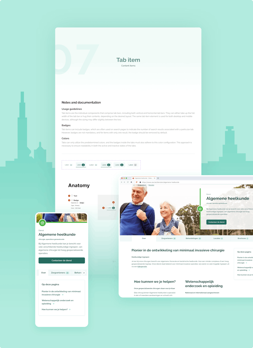 A design mockup showcasing a web page and mobile layout for a general surgery service. The page includes tab items, guidelines for usage, badges, and color schemes for tab bars, along with an example anatomy of a web component. The desktop version shows an elderly couple with navigation tabs for caregivers, treatments, and locations, while the mobile version features a similar layout with a contact button and service details.