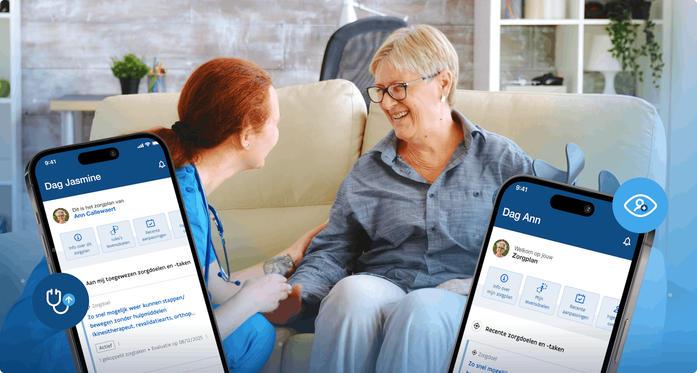 Mock-up of two Iphones showing the interface of Alivia from a caregiver's and a patient's perspective. In the background a patient sitting in her sofa is talking to a doctor who's holding her arm and smiles.