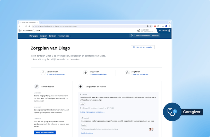 Desktop screen of the Alivia interface showing Diego's care plan from a cargiver's perspective.